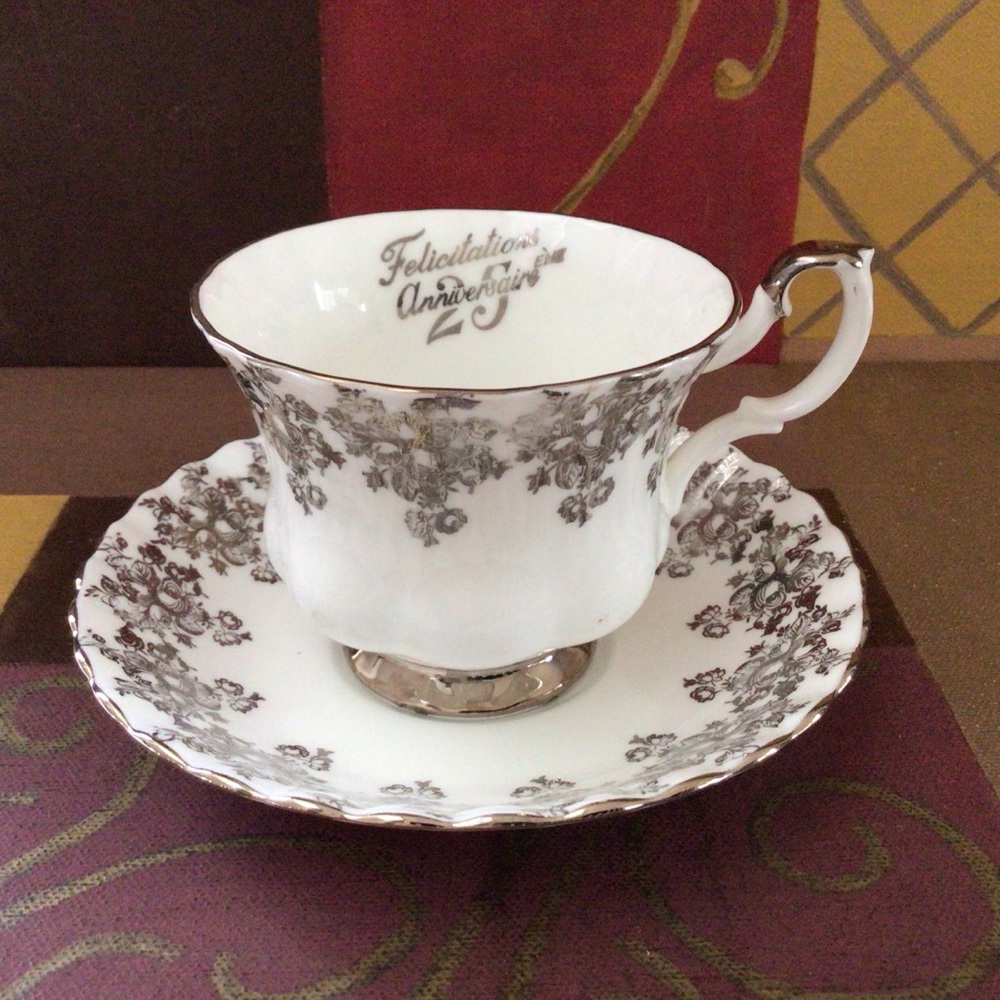 Royal Albert White and Silver Twenty Fifth Wedding Anniversary Teacup Set